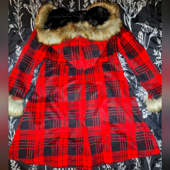 NWT!! Red Plaid Hooded Women's Coat Faux Fur Trim size XXXL (US Size large) - Picture 4 of 5